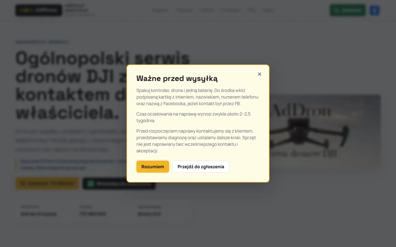 Strona serwisu dronów DJI AdDron, sekcja główna z formularzem zgłoszenia